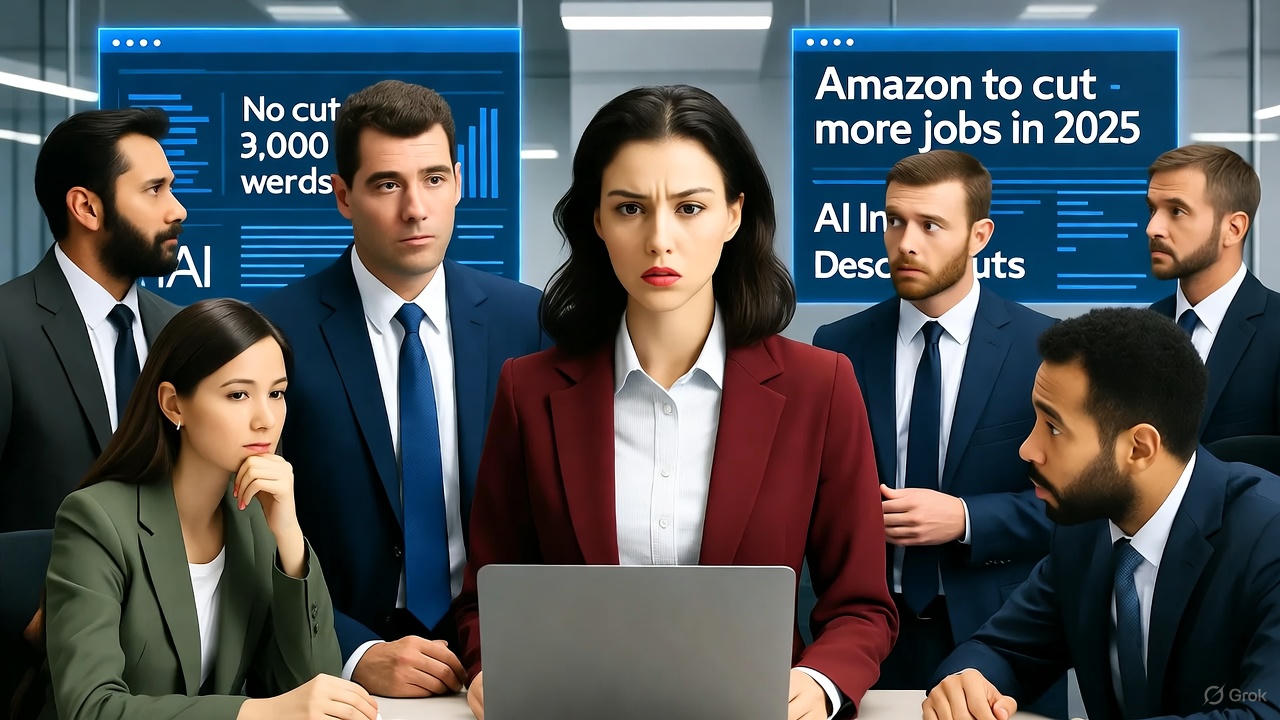 A group of worried corporate employees in a modern office, staring at digital screens displaying headlines about Amazon layoffs and AI-driven job cuts in 2025.